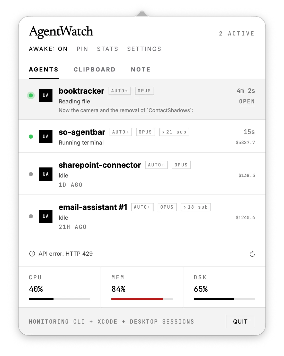 The AgentWatch popover listing four Claude Code sessions with status dots, model badges, elapsed time and cost, above CPU, memory and disk meters.