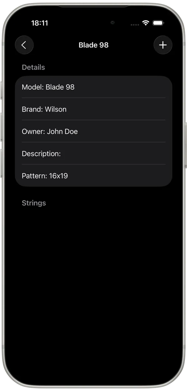 MyStrings racquet details with string jobs list